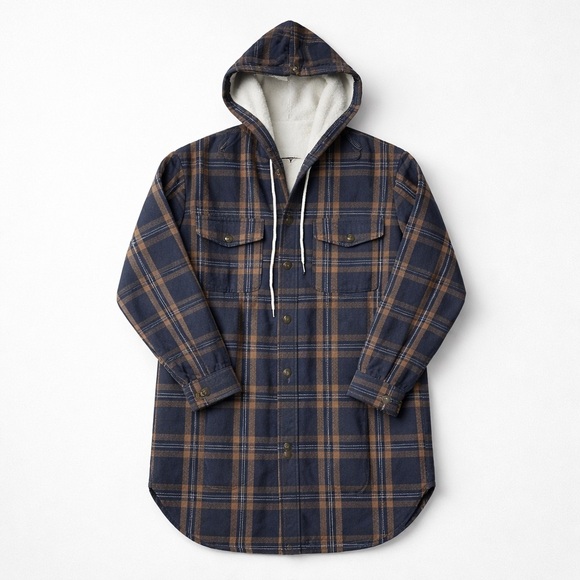 Helix Jackets & Blazers - Helix Shacket Navy and Tan Plaid Hooded Jacket